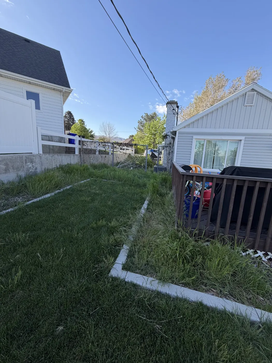 Before: Overgrown side yard to rock and mulch